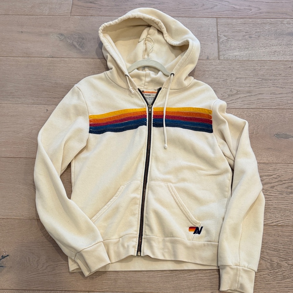Aviator Nation Cream Hoodie with Multicolor Stripes. Size medium.